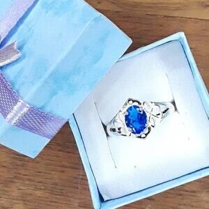 Size 8 3/4- Sterling Silver .925  & CZ Blue Sapphire Ring-